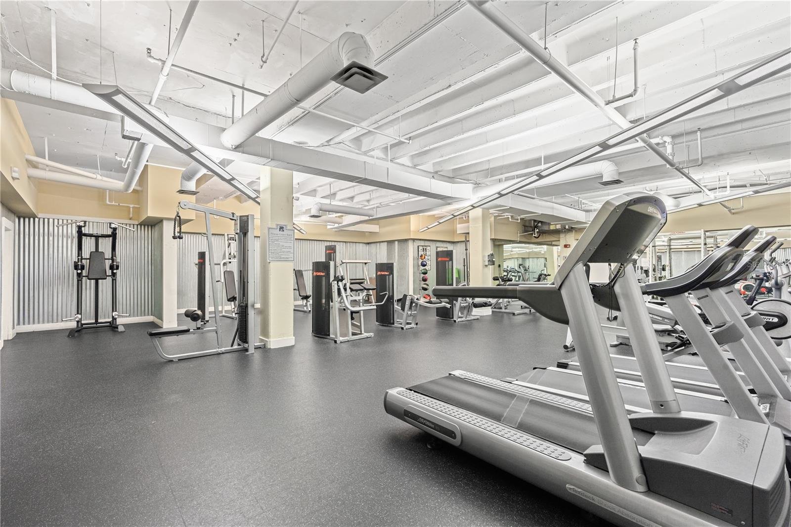 large gym with silver equipment and black floor